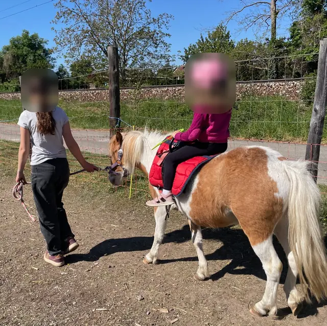 Ein Mädchen mit rosa Helm reitet ein Schecken-Pony, eine junge Frau führt es den Weg entlang